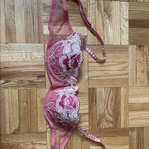 Pink Lace Bra with Floral Embroidery